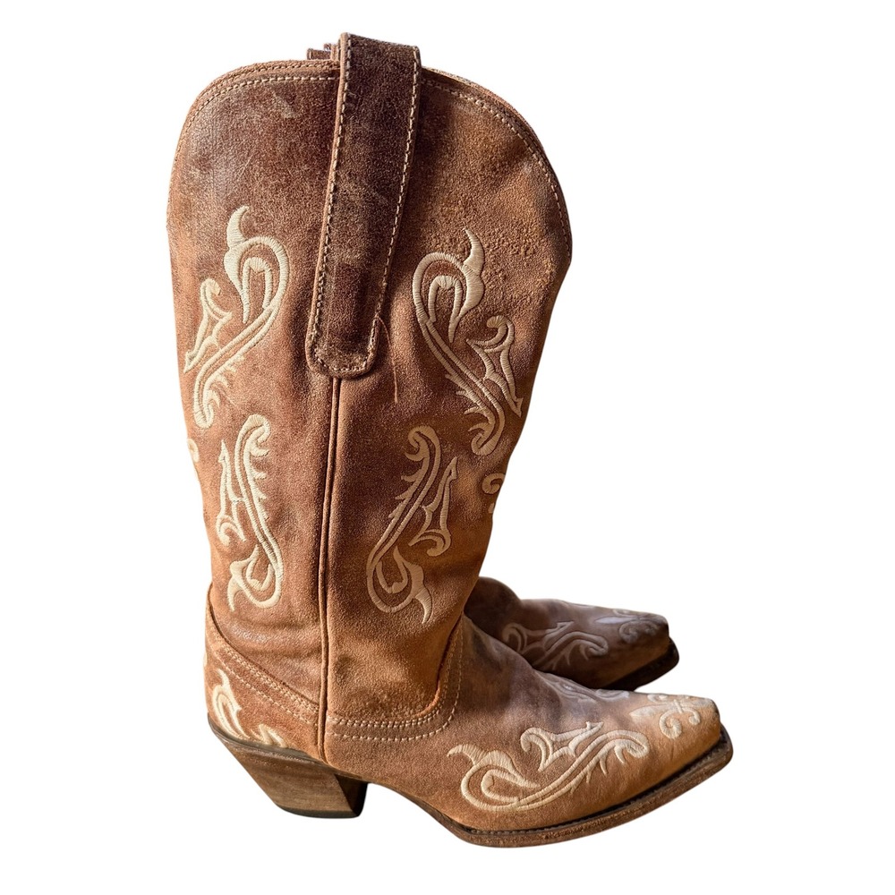 Corral Tan Suede Embroidered Fleur-De-Lis Western Cowboy Boots R1974 Womens 6 M